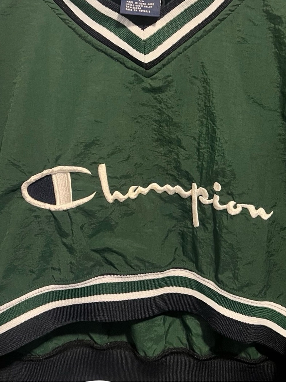Vintage Champion Dark Green Cropped V-Neck Nylon Windbreaker White and Navy Trim - Picture 4 of 9